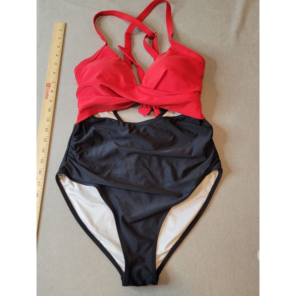 Eomenie Cutout Crossover Tie Back One Piece Monokini Swimsuit Red Black Size M